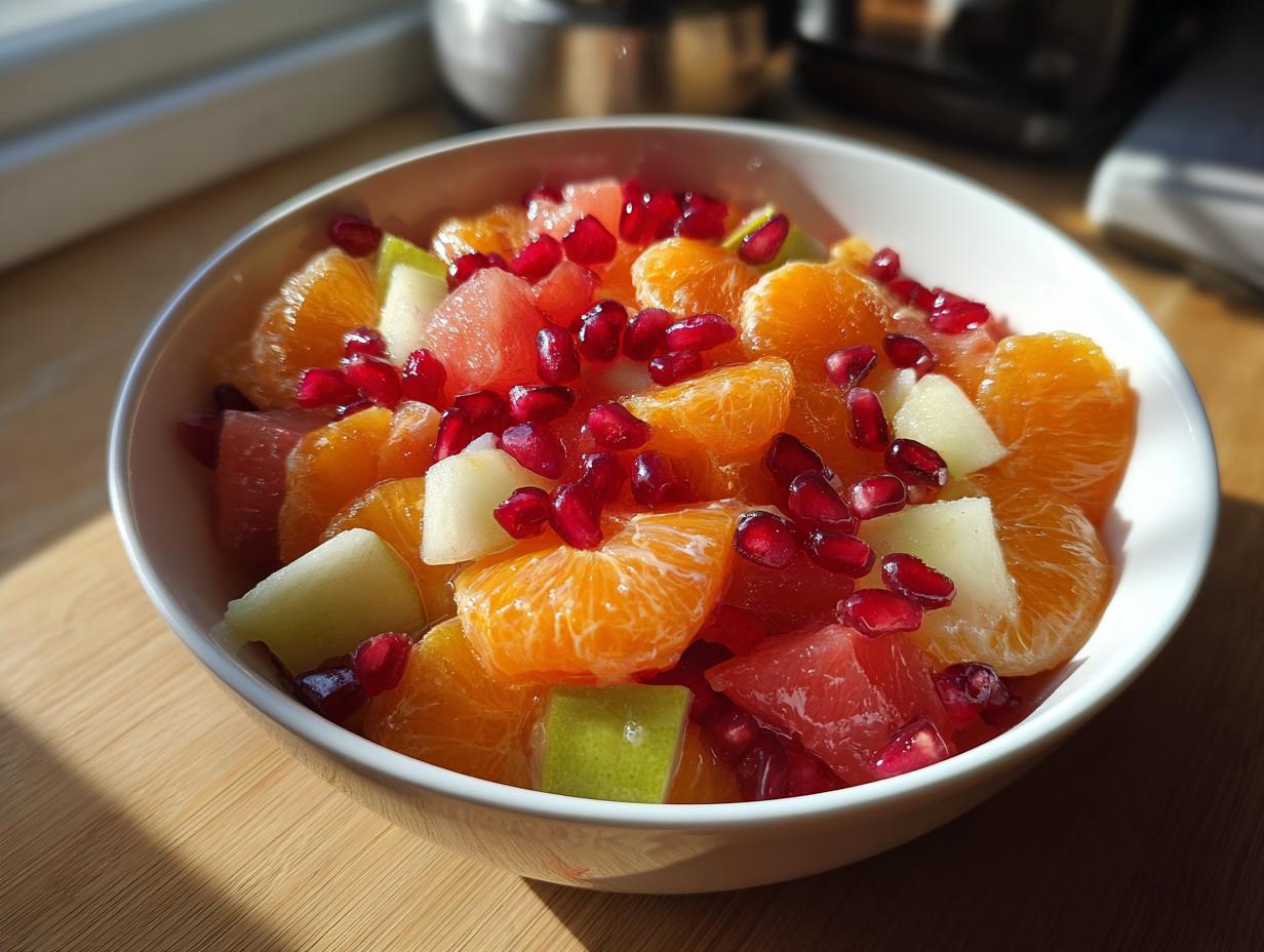 Close-up of a bright winter fruit salad featuring orange segments, grapefruit, pear chunks, and pomegranate seeds in a white bowl.