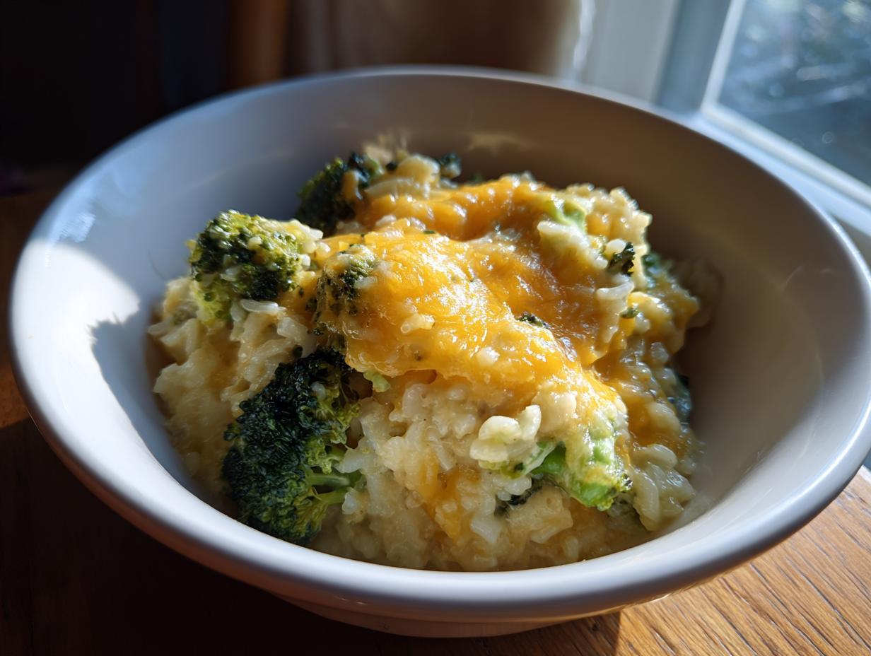 A close-up view of a serving of cheesy broccoli rice casserole in a white bowl.