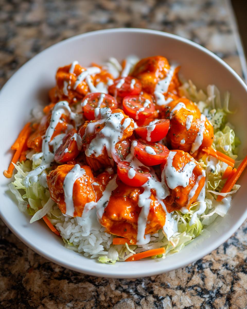 A close-up of a delicious buffalo chicken bowl featuring orange-sauced chicken, cherry tomatoes, ranch drizzle, and shredded lettuce over rice.