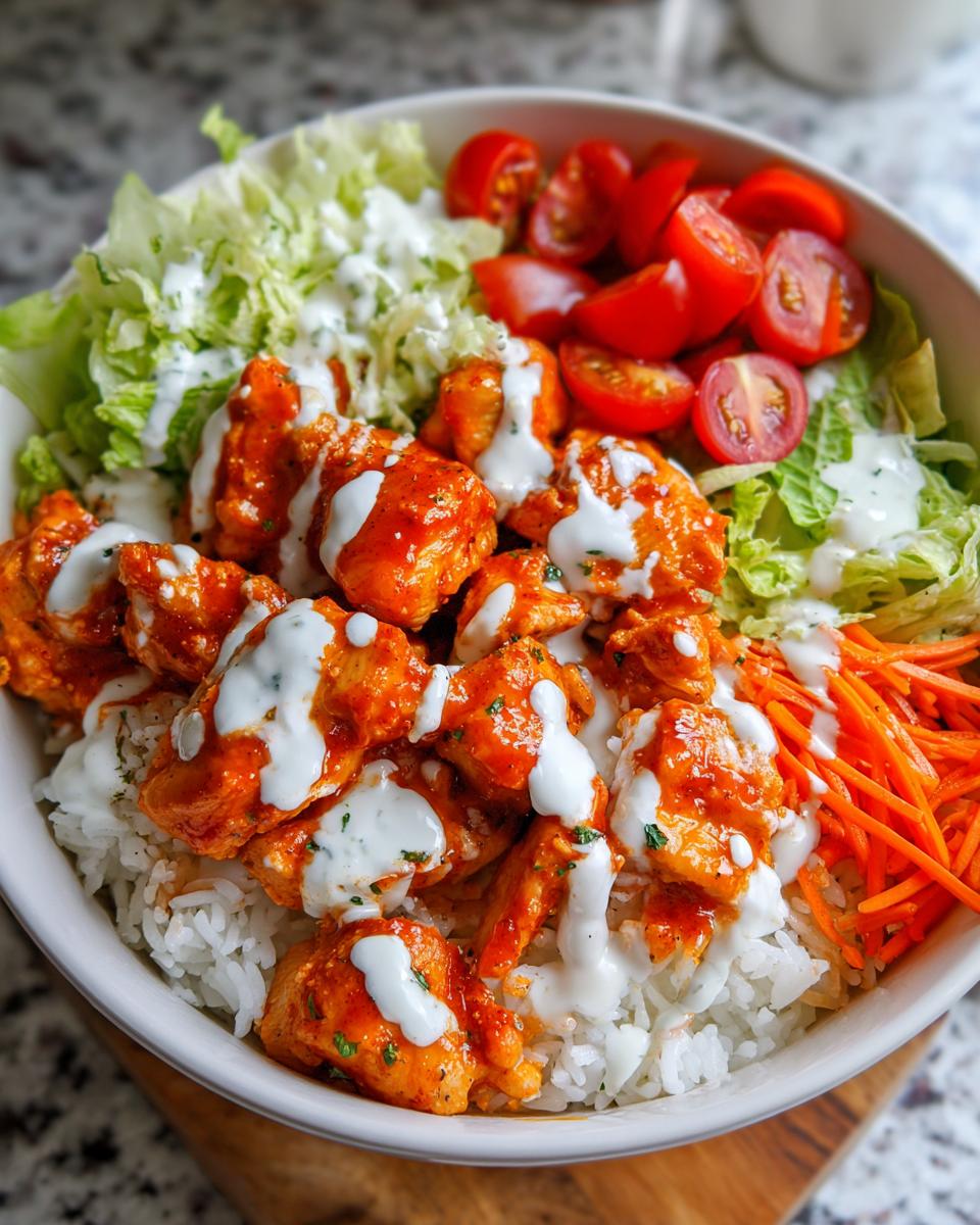 A vibrant buffalo chicken bowl featuring saucy chicken pieces over rice, topped with ranch dressing, shredded lettuce, tomatoes, and carrots.