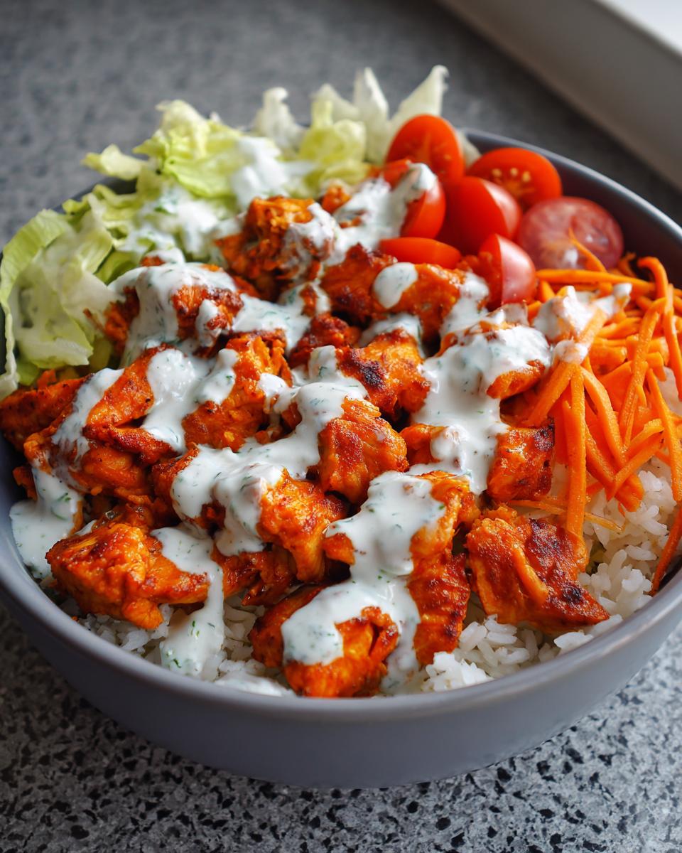 A vibrant buffalo chicken bowl featuring spicy chicken pieces, white rice, shredded carrots, lettuce, tomatoes, and a creamy ranch drizzle.