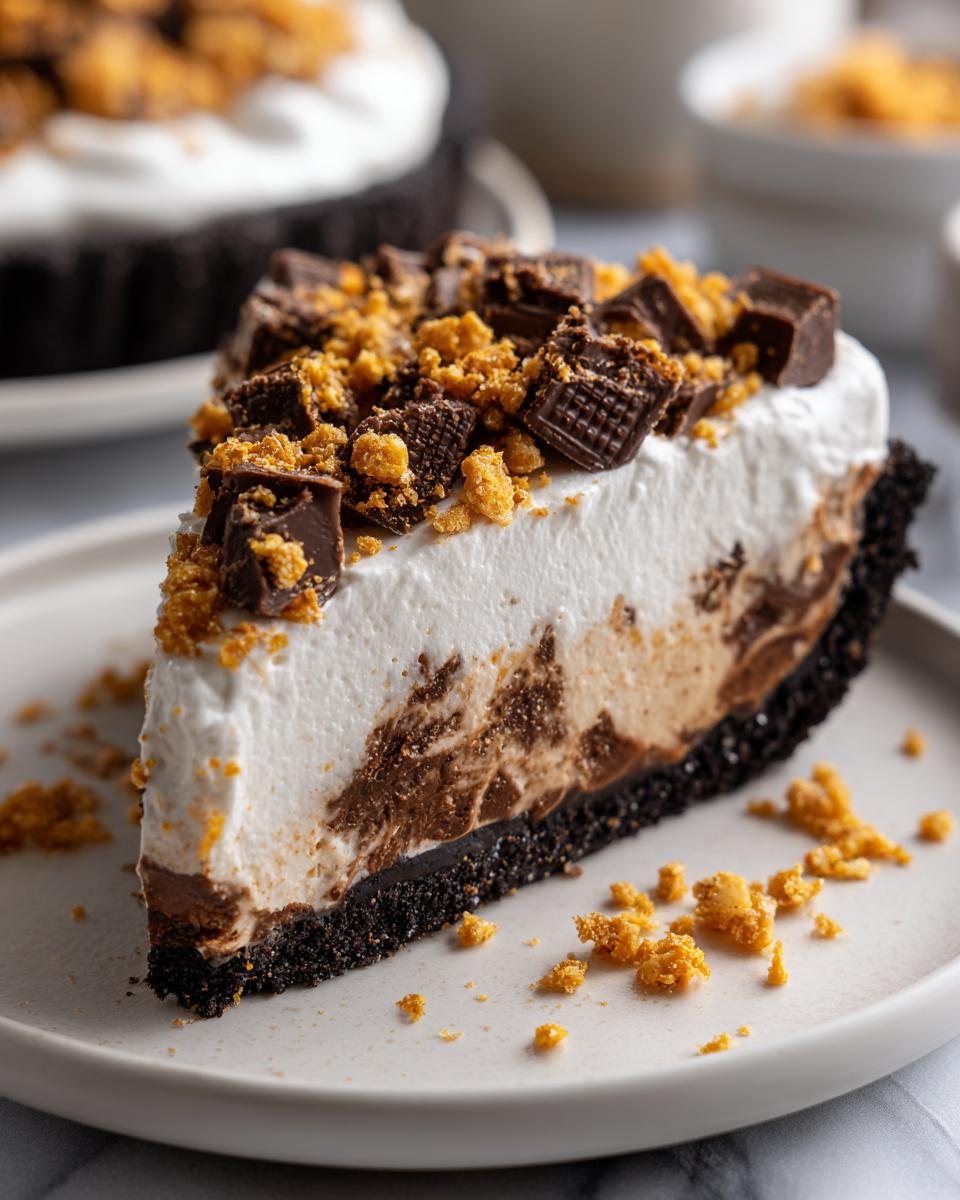A close-up slice of rich butterfinger pie featuring a dark crust, creamy filling, whipped topping, and Butterfinger candy pieces.