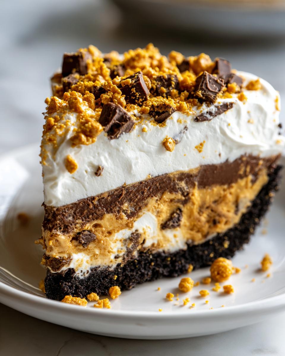A tall slice of no-bake butterfinger pie with chocolate crust, peanut butter filling, and whipped topping.