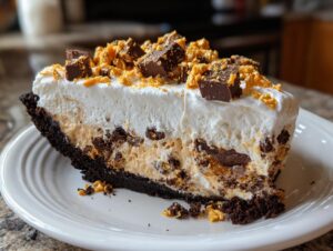 A thick slice of no-bake butterfinger pie with a dark chocolate crust, creamy filling, and whipped topping sprinkled with candy pieces.
