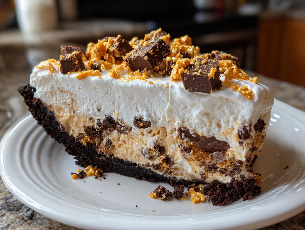 A thick slice of no-bake butterfinger pie with a dark chocolate crust, creamy filling, and whipped topping sprinkled with candy pieces.