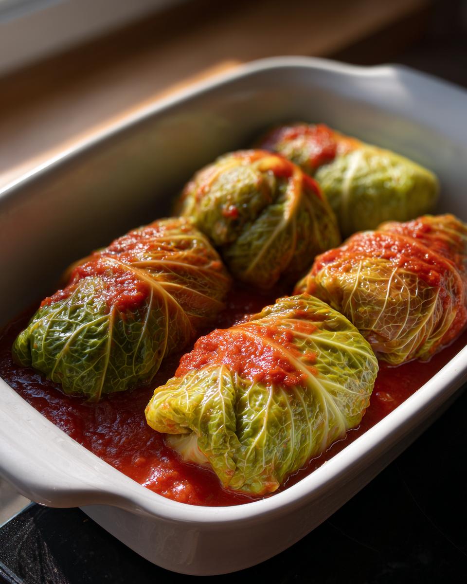 Five freshly prepared cabbage rolls simmering in a rich tomato sauce inside a white baking dish.
