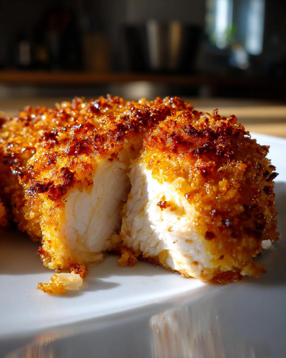 Cross-section of a perfectly cooked caesar chicken breast showing moist white meat and a crispy, golden-brown breading.