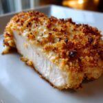 Close-up of a juicy, cooked caesar chicken breast showing the white interior and golden, crunchy topping.