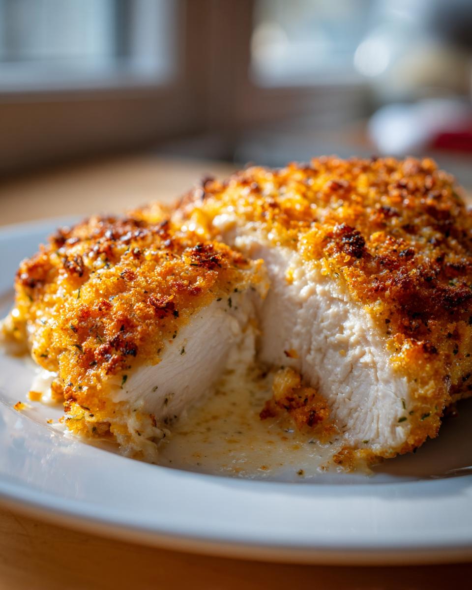 Close-up of a baked caesar chicken breast cut in half, showing juicy white meat and a golden, crispy crust.