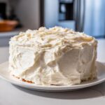 A round layer cake generously covered in thick, fluffy vanilla buttercream frosting, sitting on a white plate.
