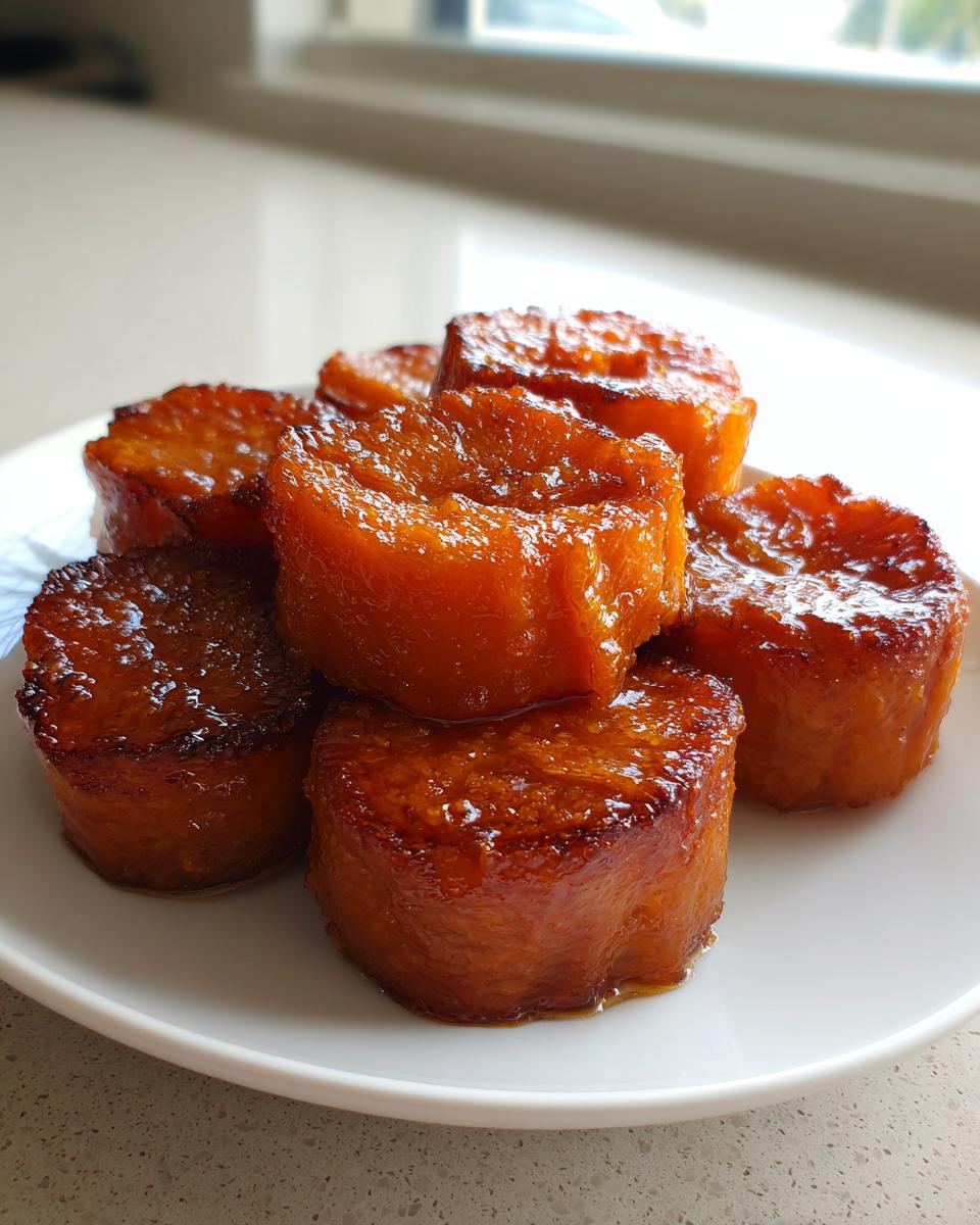 A stack of glistening, caramelized candied sweet potatoes served on a white plate.