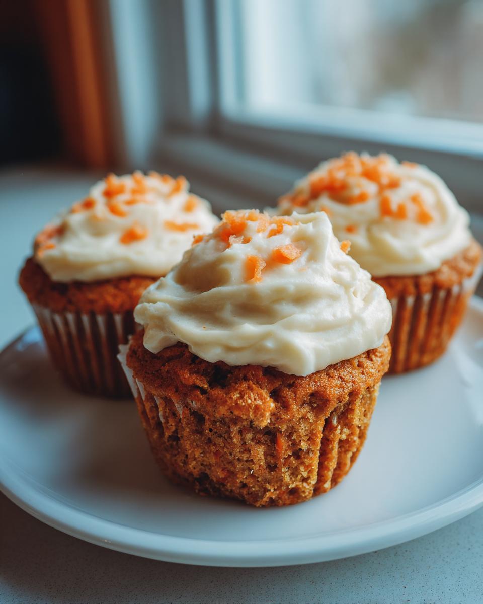 Three delicious carrot cake muffins topped with cream cheese frosting and shredded carrots.
