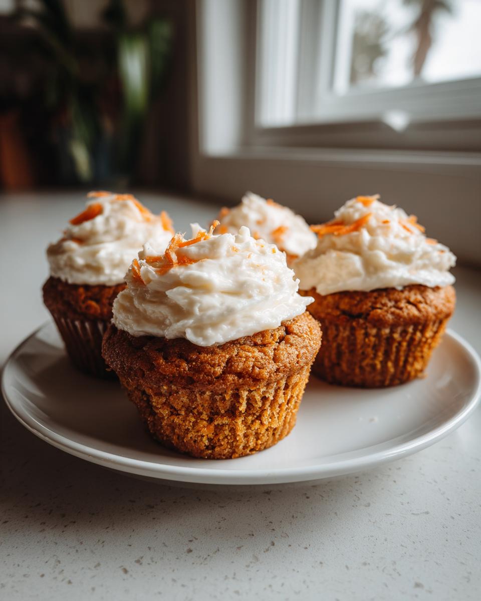 Four delicious carrot cake muffins topped with thick cream cheese frosting and shredded carrots.