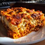 A close-up of a rich, cheesy slice of baked pasta bake with a browned, bubbly top layer.