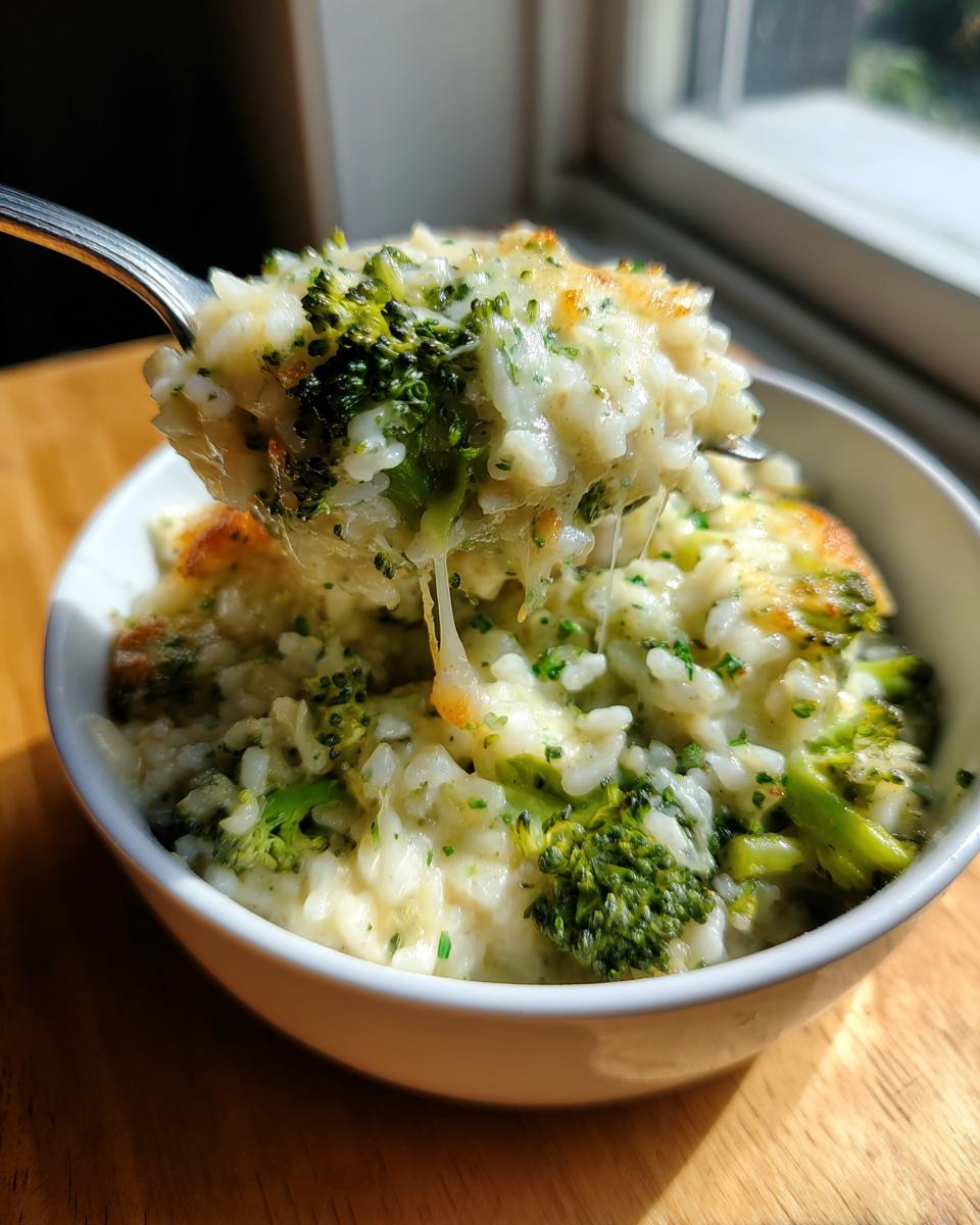 A spoonful of cheesy, creamy broccoli rice casserole being lifted from a white bowl, showing melted cheese pull.