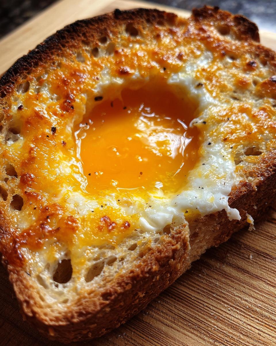 Close-up of a perfectly cooked cheesy egg toast featuring a bright, runny yolk in the center.