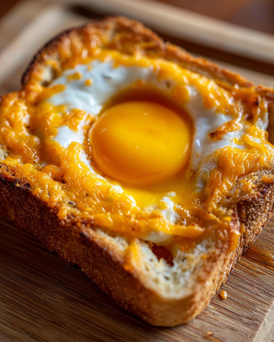 Close-up of a slice of cheesy egg toast featuring a perfectly cooked egg with a bright, runny yolk centered in the toast hole.