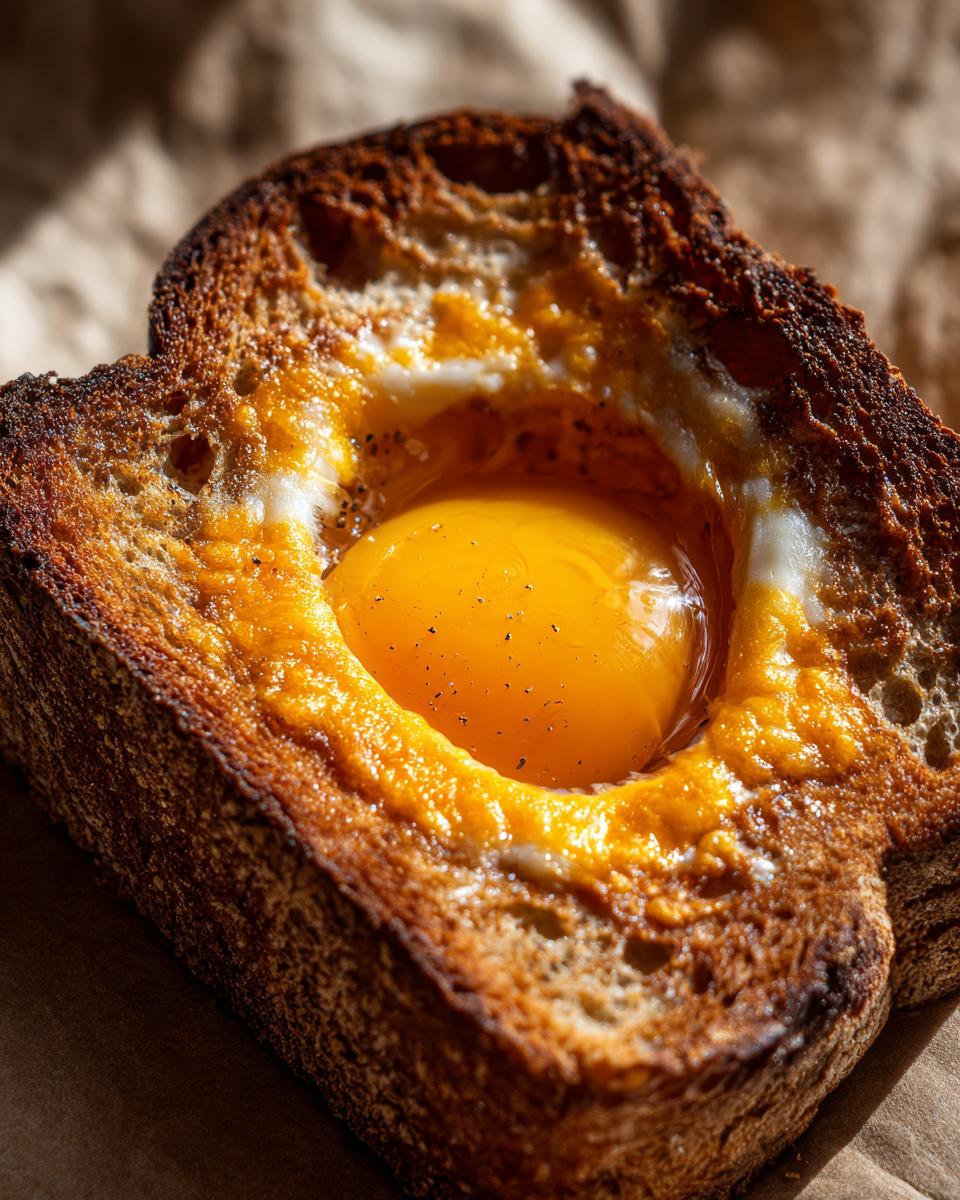 Extreme close-up of a perfectly cooked cheesy egg toast featuring a bright, runny egg yolk nestled in the center.