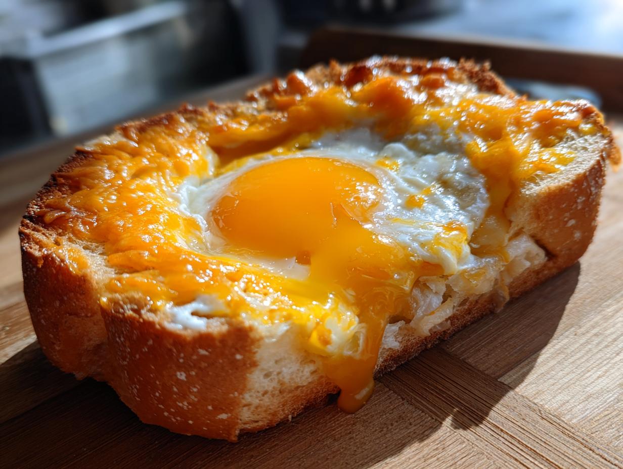 Close-up of a cheesy egg toast with a perfectly cooked egg and a runny yolk dripping down the side.