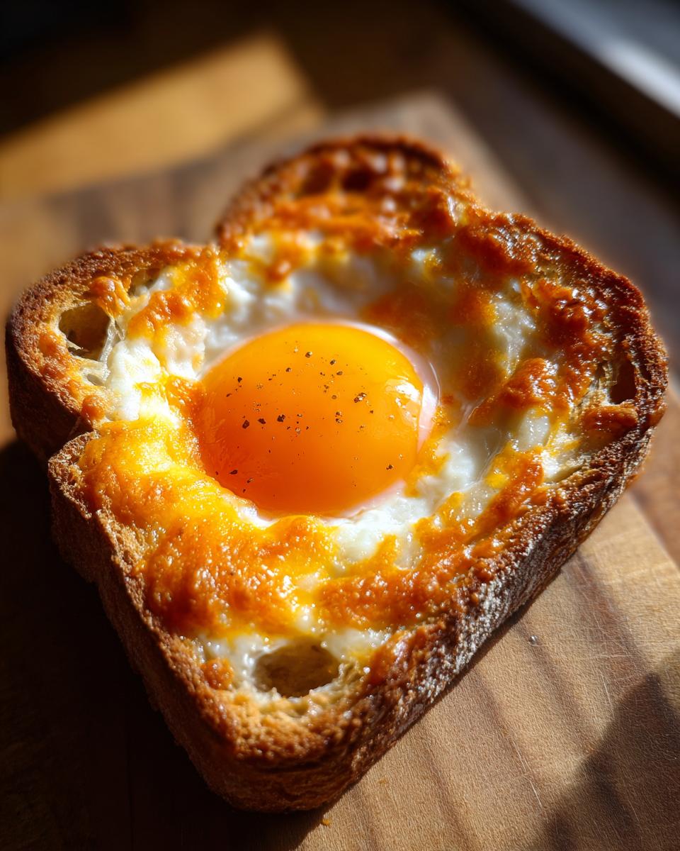 A perfectly cooked piece of cheesy egg toast featuring a bright, runny egg yolk in the center.