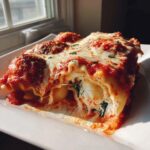 A close-up of a serving of lazy lasagna, layered with ricotta, spinach, topped with marinara sauce, melted cheese, and meatballs.