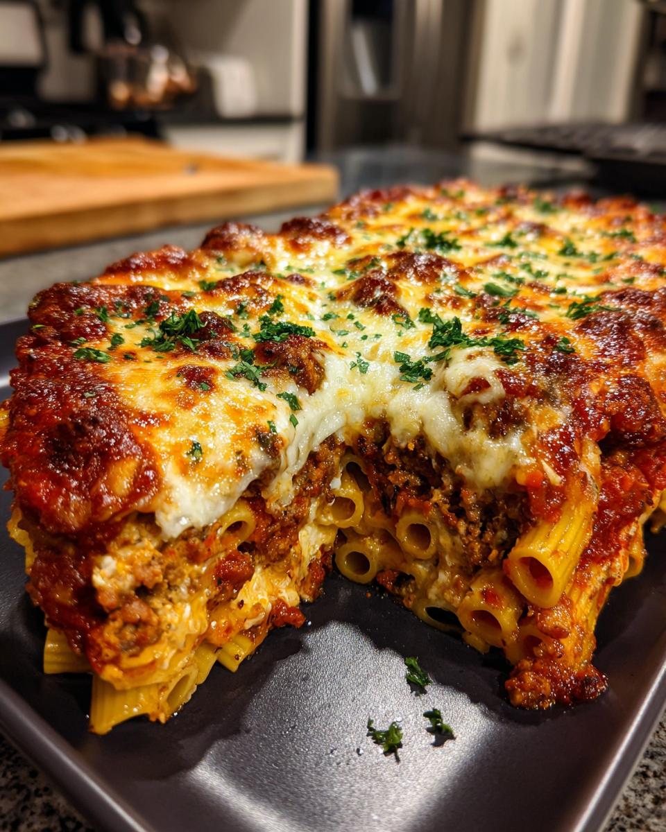 A close-up of a rich, cheesy pasta bake slice showing rigatoni pasta tubes filled with meat sauce and topped with melted mozzarella.