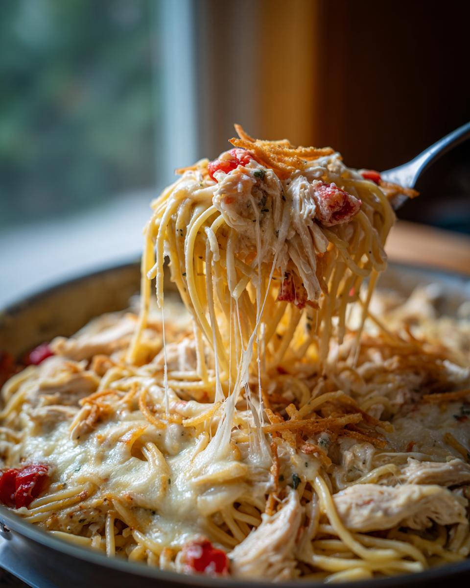 A fork lifts a generous portion of cheesy monterey chicken spaghetti, showing long cheese pulls over shredded chicken and pasta.