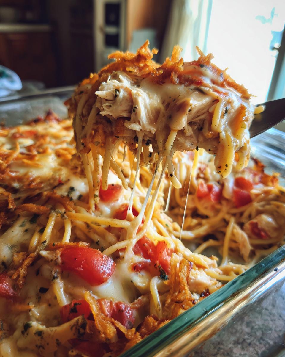 A spoonful of cheesy monterey chicken spaghetti being lifted, showing long cheese pulls over shredded chicken and pasta.