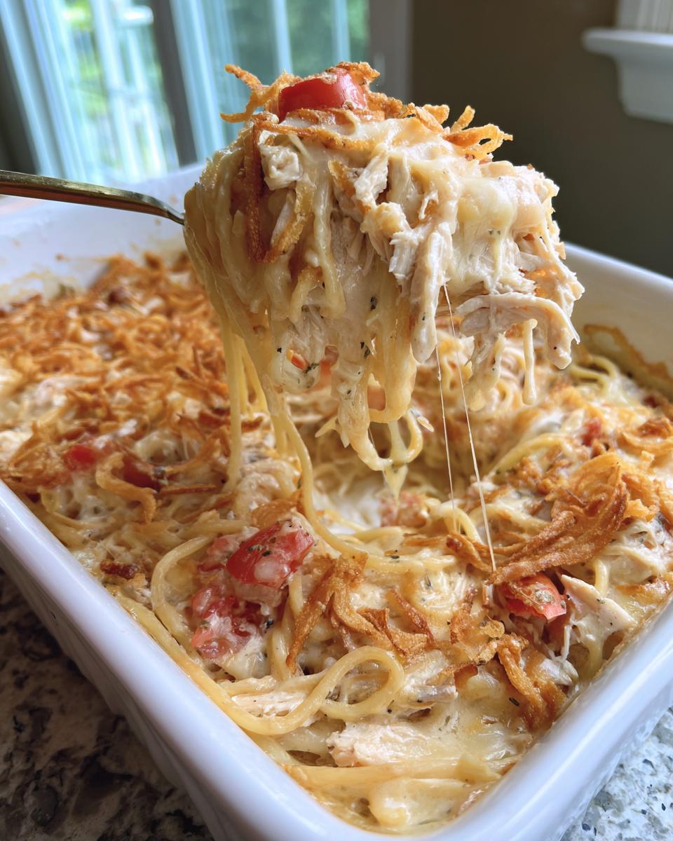A spoonful of cheesy Monterey chicken spaghetti being lifted from a white baking dish, showing melted cheese strings.