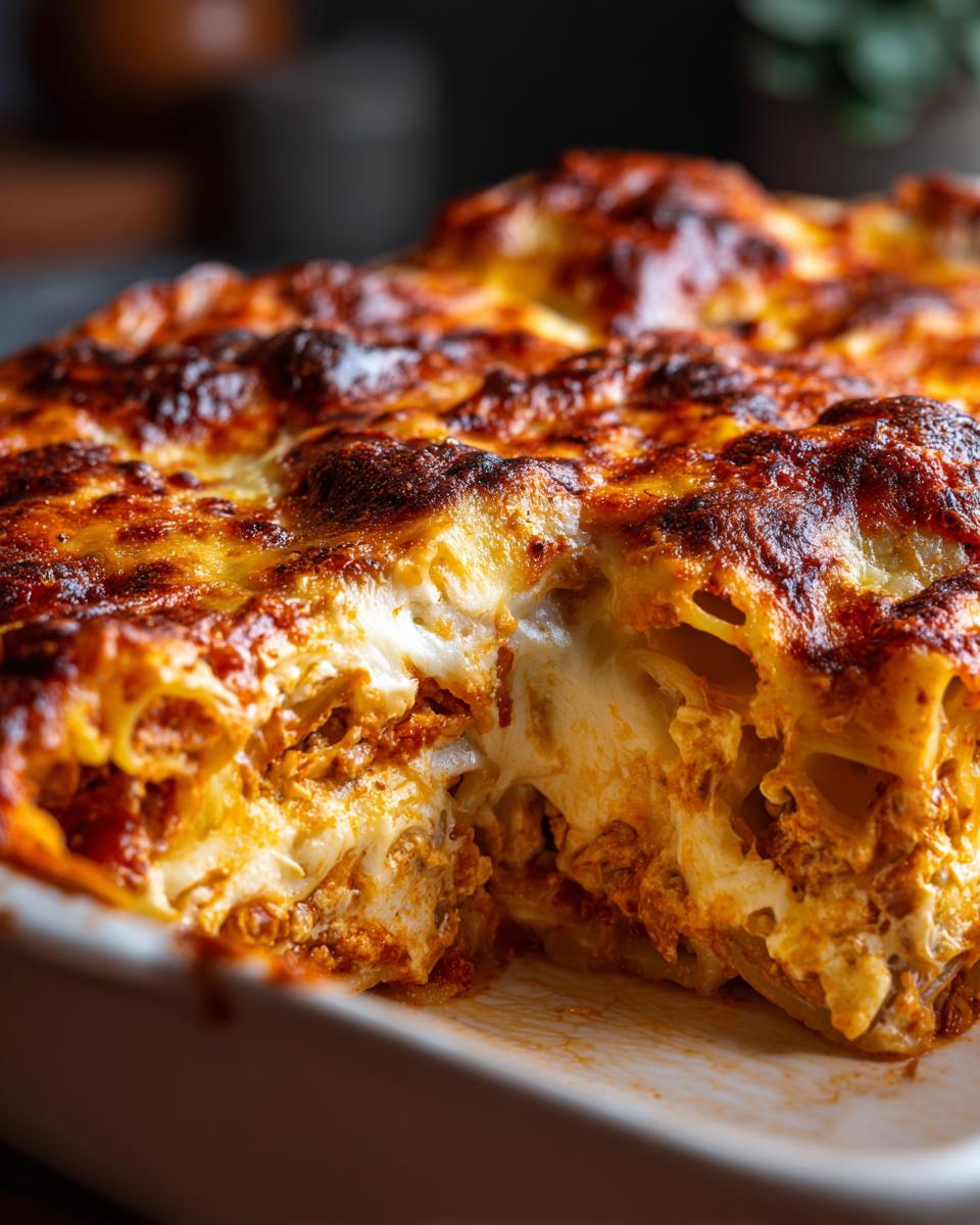 Close-up of a rich, cheesy pasta bake with a deeply browned, bubbly crust, showing the creamy interior.