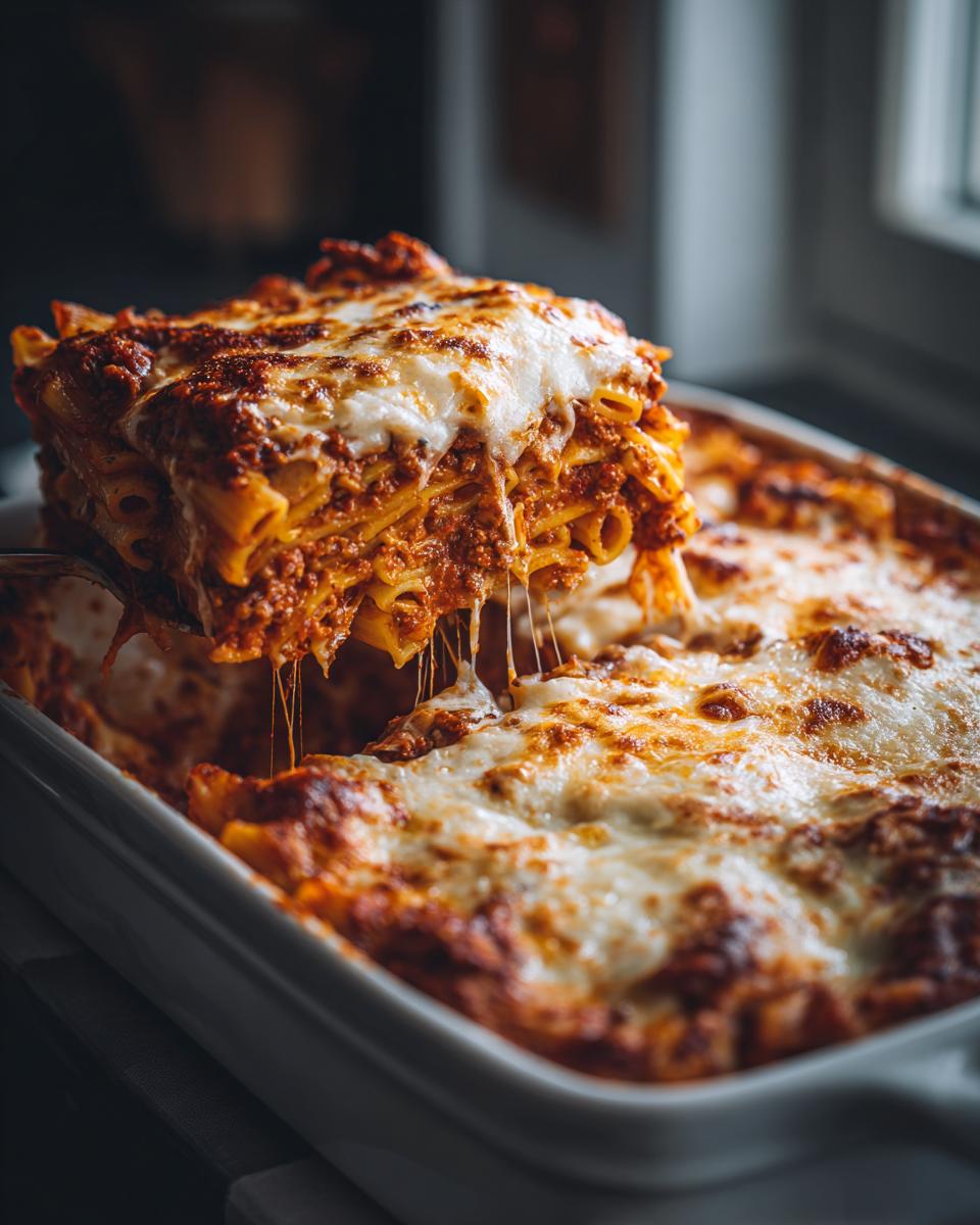 A serving of cheesy pasta bake being lifted from a white baking dish, showing melted cheese strings.