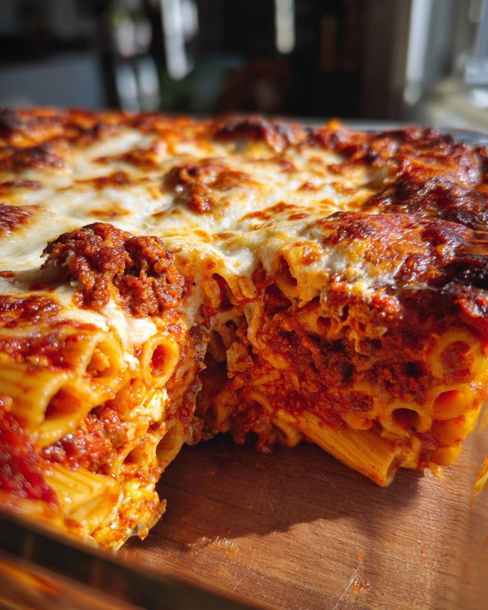 A close-up view of a freshly baked pasta bake with rigatoni pasta, rich meat sauce, and a bubbly, browned cheese topping.