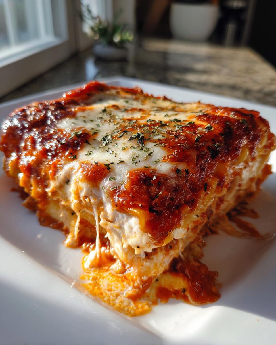 A close-up of a gooey, cheesy slice of lazy lasagna topped with melted mozzarella and herbs.