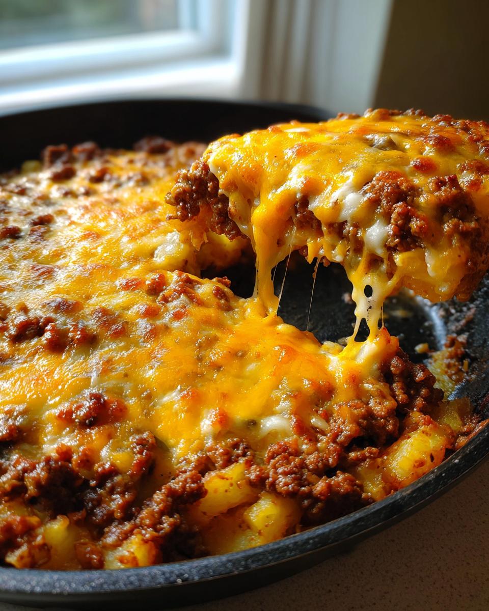 A scoop of Cheesy Taco Potatoes showing melted, stretchy cheddar cheese being lifted from a cast iron skillet.