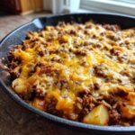 Close-up of Cheesy Taco Potatoes baked in a cast iron skillet, topped with melted cheddar cheese and seasoned ground beef.