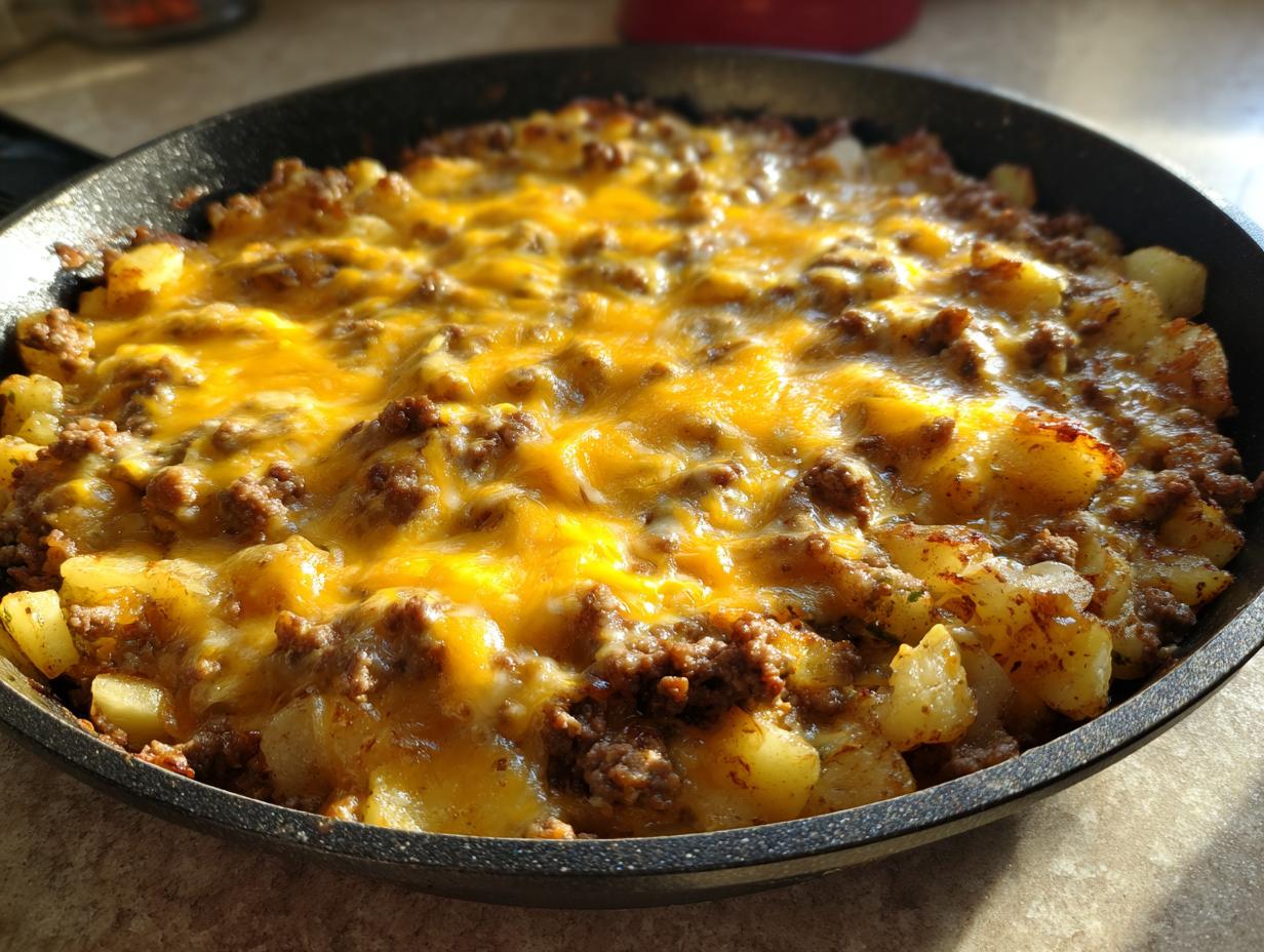 Close-up of Cheesy Taco Potatoes baked in a black skillet, topped with melted cheddar cheese.