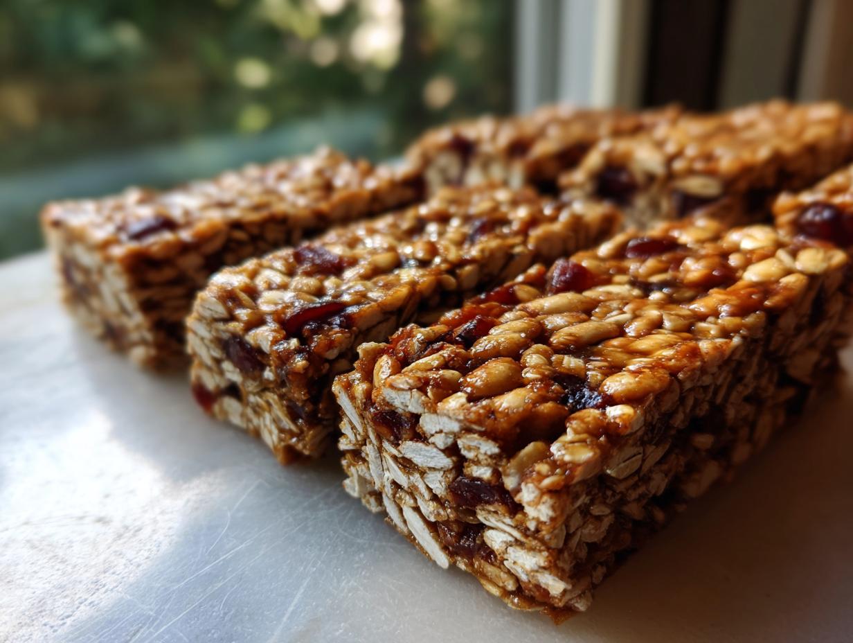 Close-up of several homemade no bake granola bars, showing oats, sunflower seeds, and dried fruit bound together.