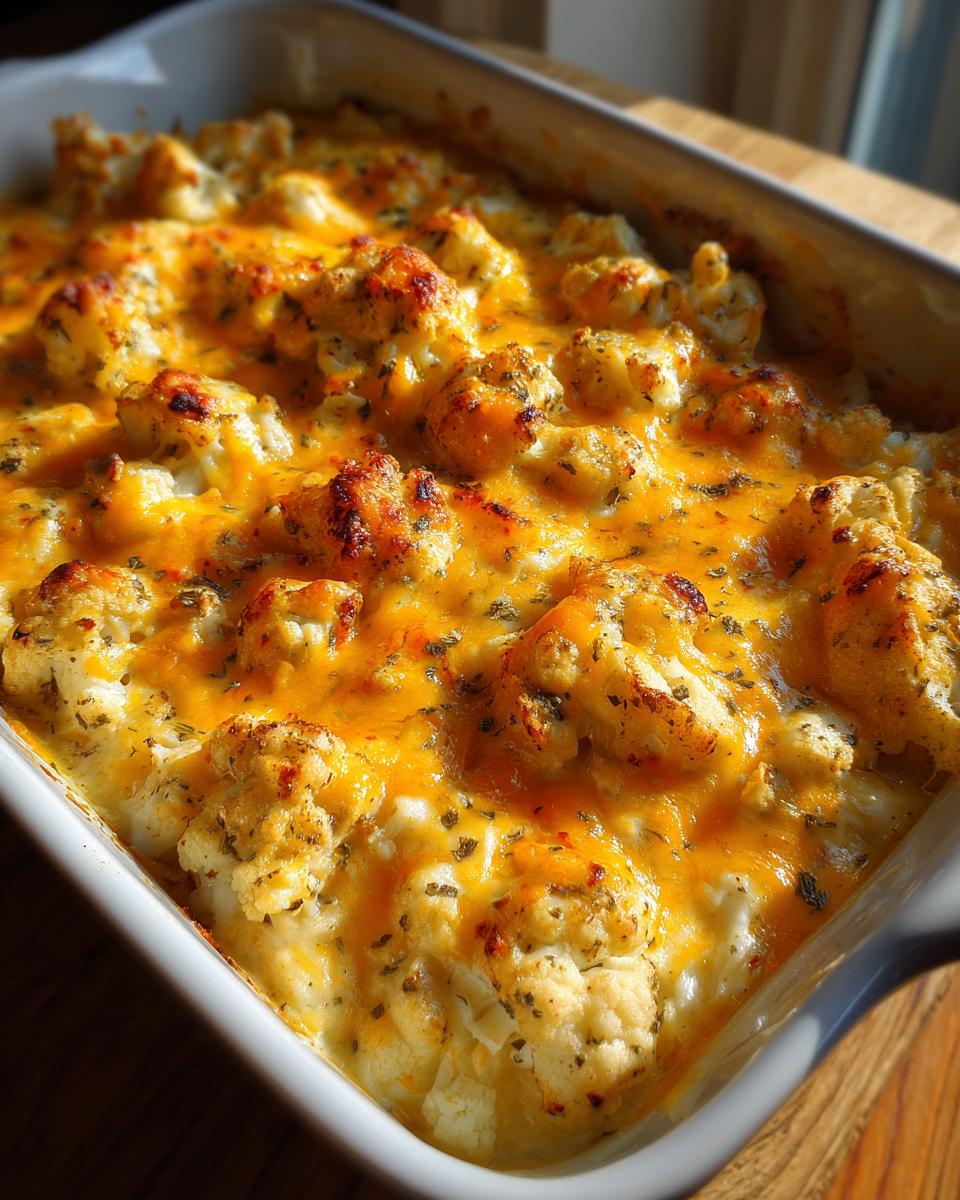 Close-up of a baked chicken cauliflower rice casserole topped with melted, bubbly cheddar cheese and herbs.
