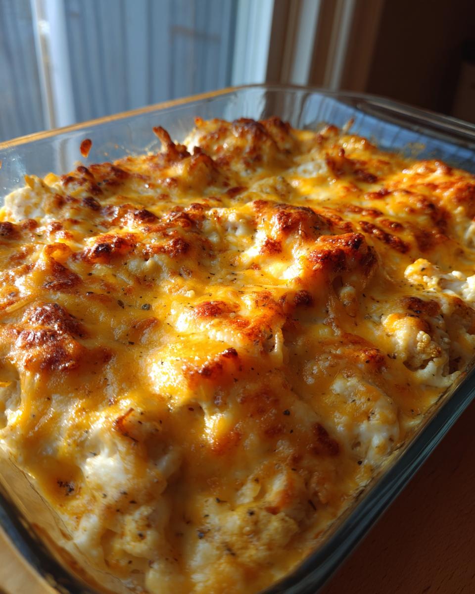 Close-up of a baked chicken cauliflower rice casserole with a bubbly, golden-brown melted cheddar cheese topping.