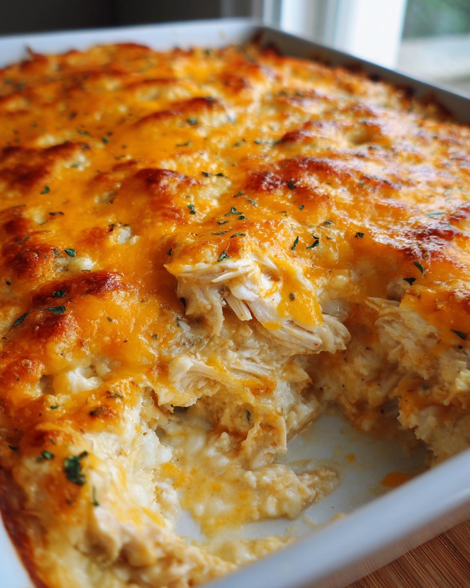 Close-up of a freshly baked chicken cauliflower rice casserole with a bubbly, golden-brown cheddar cheese topping.