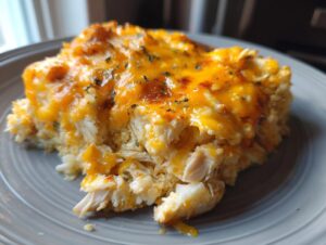A close-up serving of chicken cauliflower rice casserole topped with melted orange cheddar cheese and herbs.