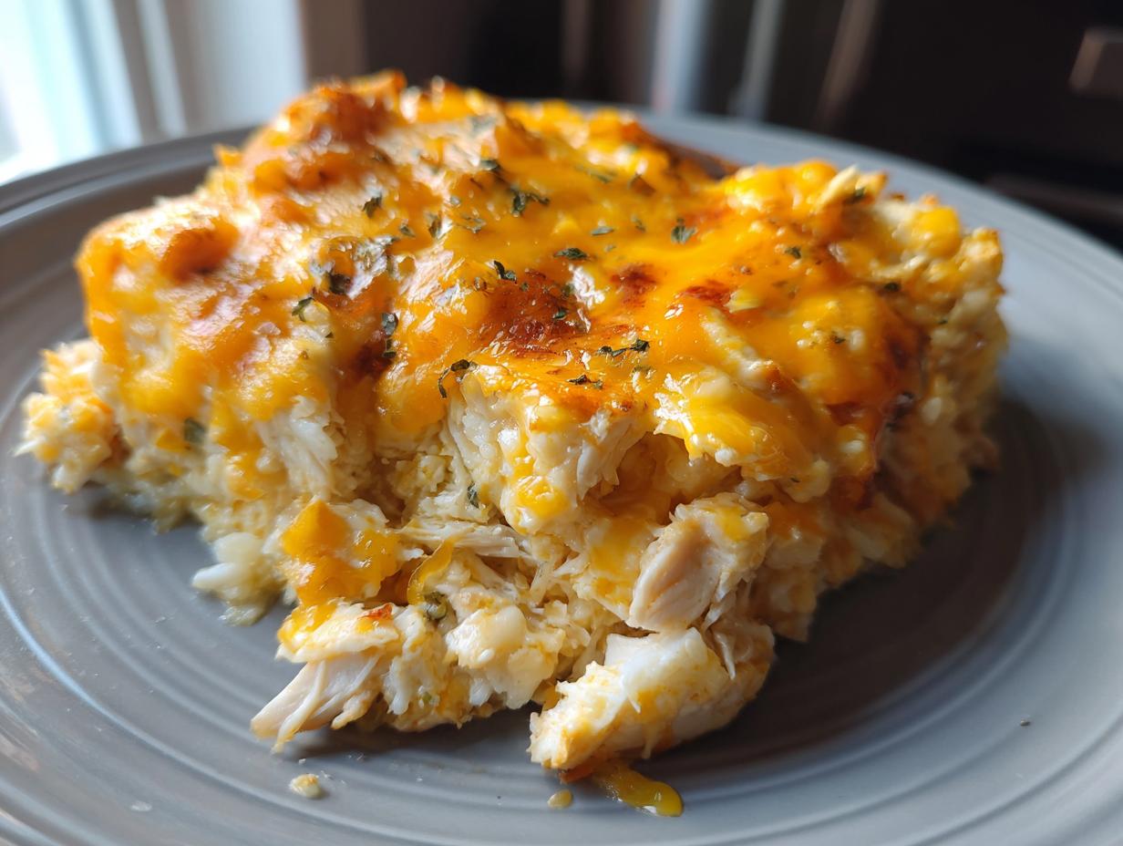 A close-up serving of chicken cauliflower rice casserole topped with melted orange cheddar cheese and herbs.