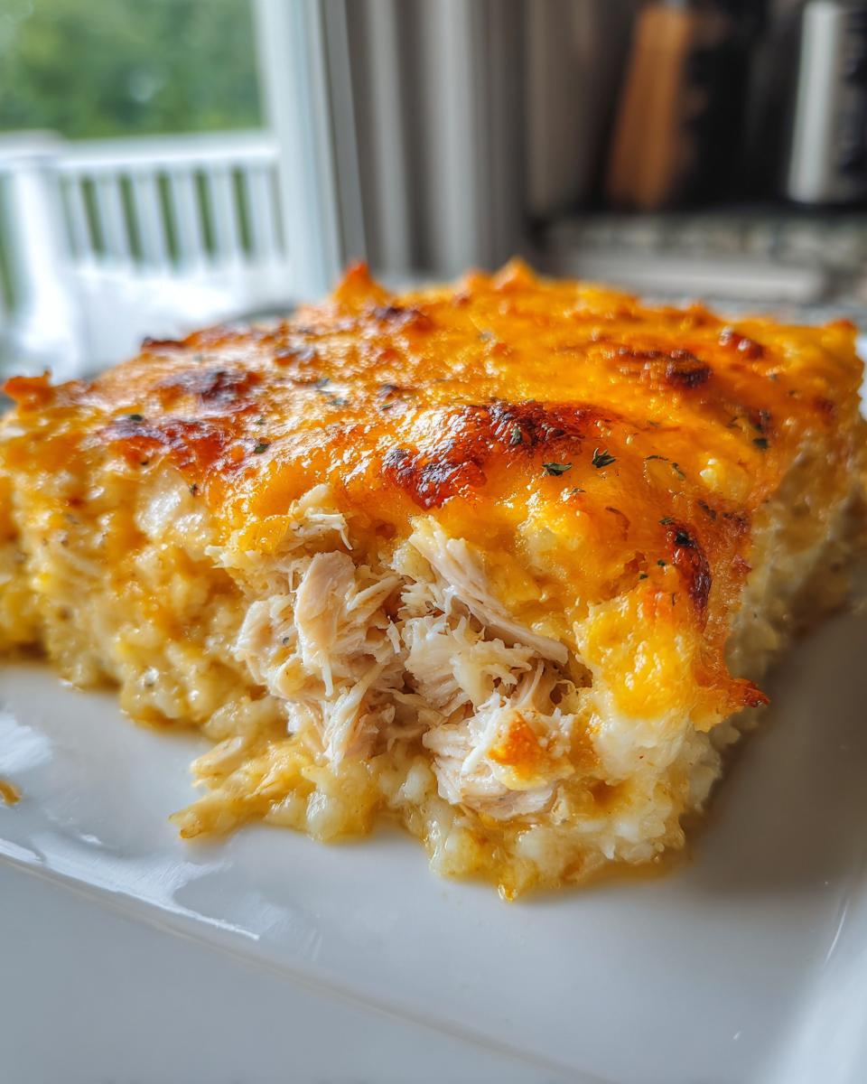 A close-up of a hearty serving of chicken cauliflower rice casserole topped with melted, browned cheddar cheese.