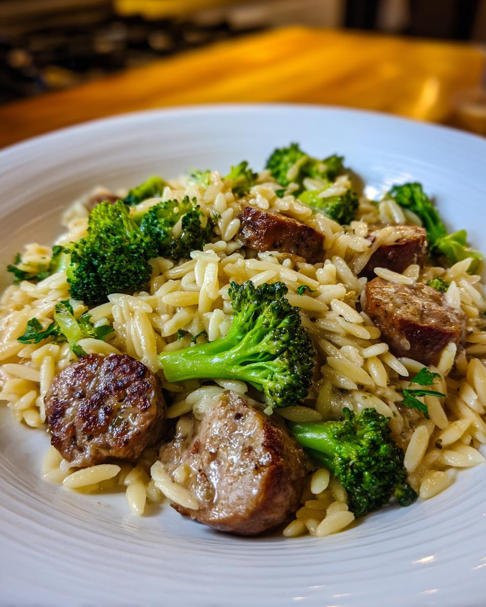A close-up view of a serving of chicken sausage and broccoli orzo pasta in a white bowl.