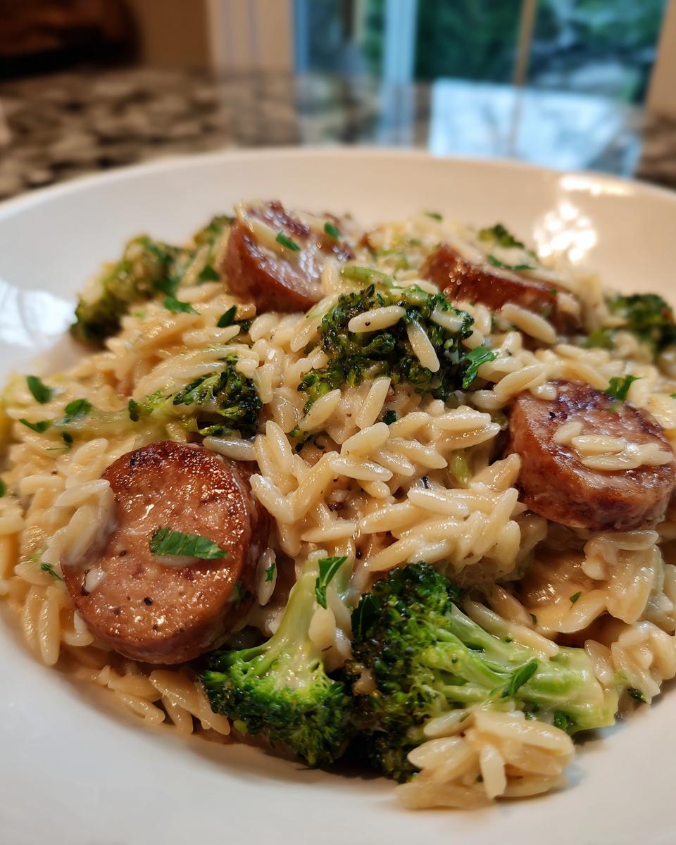 A close-up view of a creamy bowl of chicken sausage and broccoli orzo, garnished with fresh parsley.