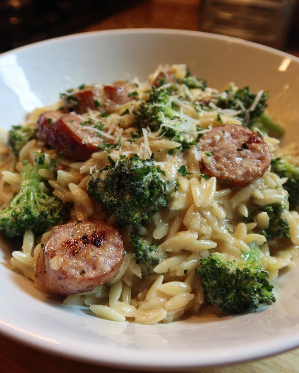 Close-up of a creamy bowl of chicken sausage and broccoli orzo topped with grated Parmesan cheese.