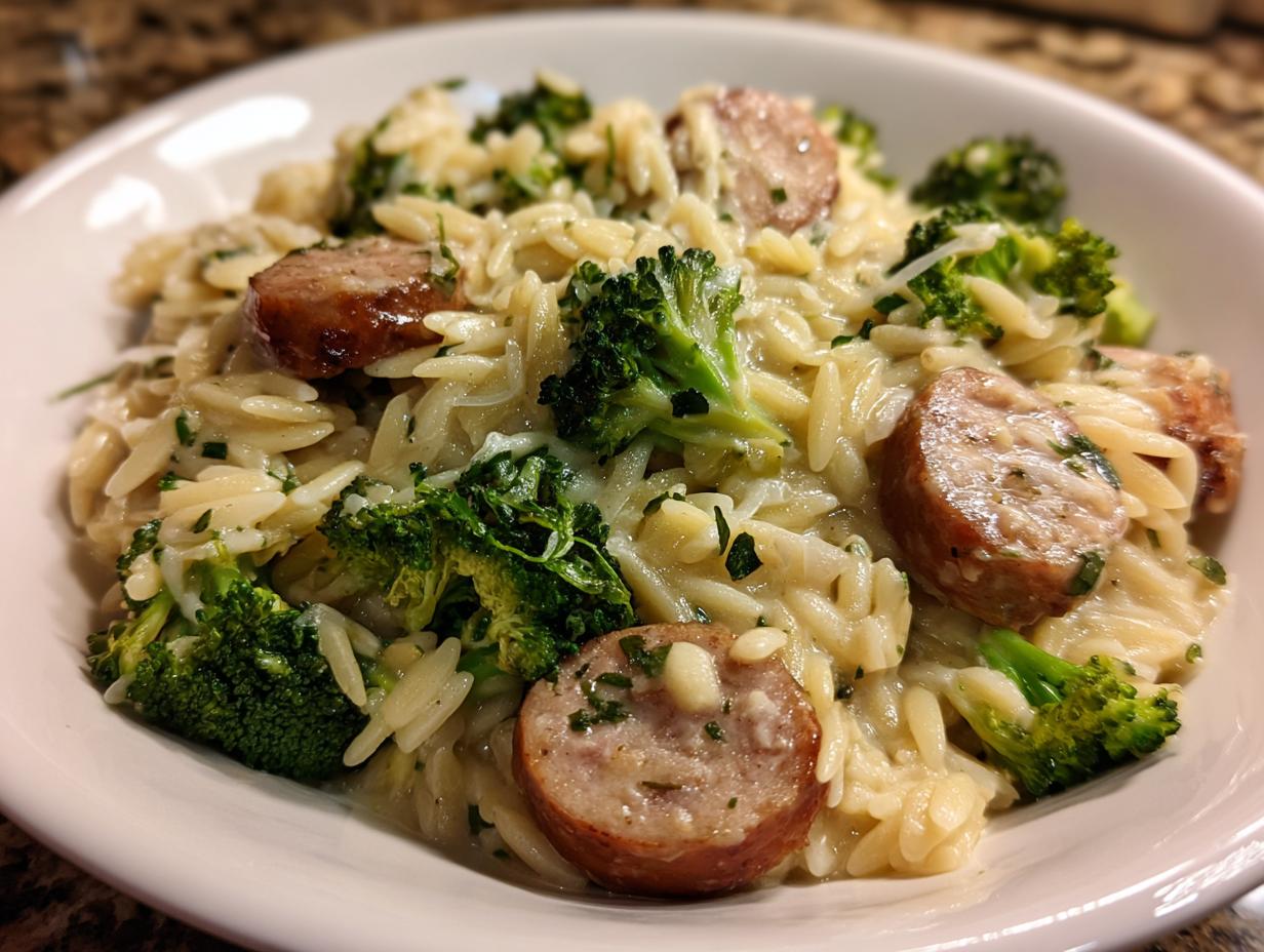A close-up of creamy chicken sausage and broccoli orzo served in a white bowl, featuring browned sausage slices and bright green florets.