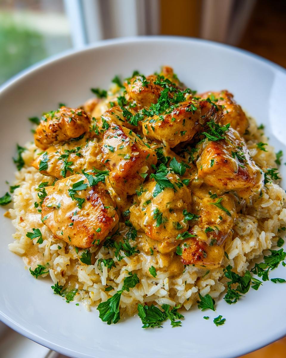 Close-up of creamy chicken scampi served over garlic parmesan rice, garnished with fresh parsley.