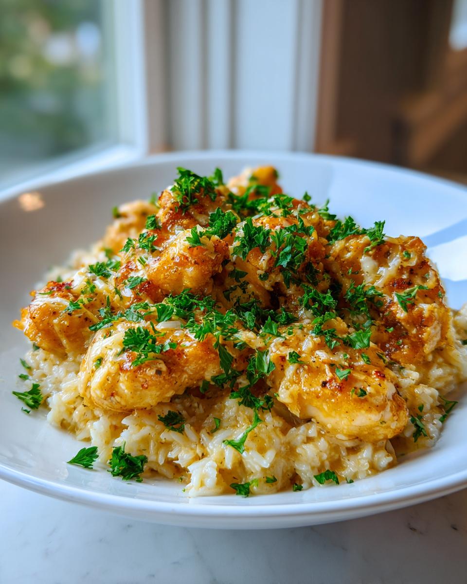 Close-up of chicken scampi served over creamy garlic parmesan rice, topped with fresh parsley.