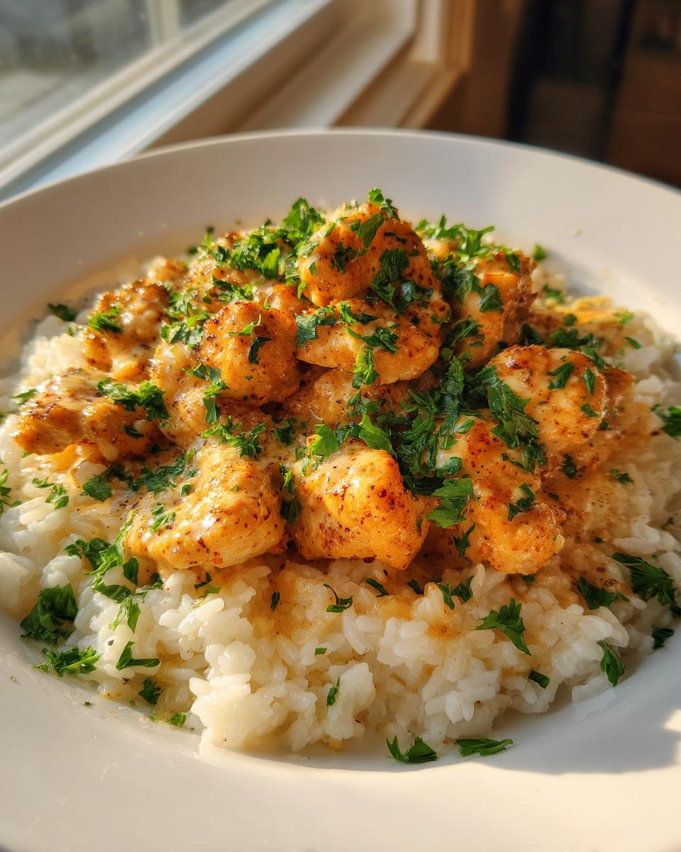 Close-up of seasoned chicken scampi pieces served over creamy garlic parmesan rice, garnished with fresh parsley.